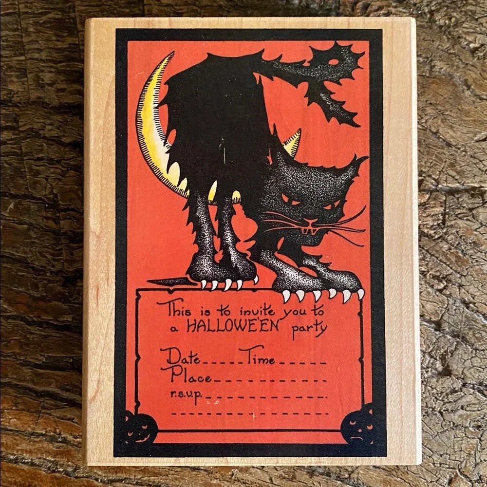 🌙🐈‍⬛Vintage🌙🐈‍⬛Halloween Party Invitation Wood Block Rubber Stamp
